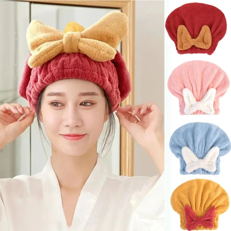 หมวกผมแห้ง หมวกคลุมผมแห้งเร็ว ผ้าเช็ดผมนาโน คลุมอาบผม รูปโบว์ น่ารัก ดูดซับน้ำได้ดี ไม่ซีดจาง