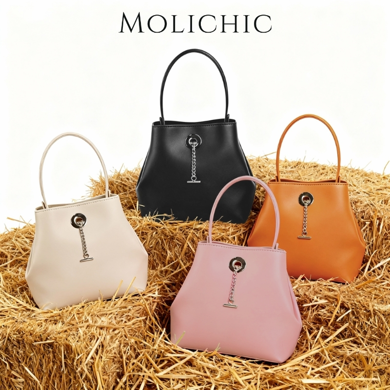 MOLICHIC กระเป๋าสะพายข้างผู้หญิง กระเป๋าถือแฟชั่น ทรงถังเรียบหรู สไตล์เกาหลี มินิมอล ประดับโซ่ มาพร้อมสายยาวปรับได้
