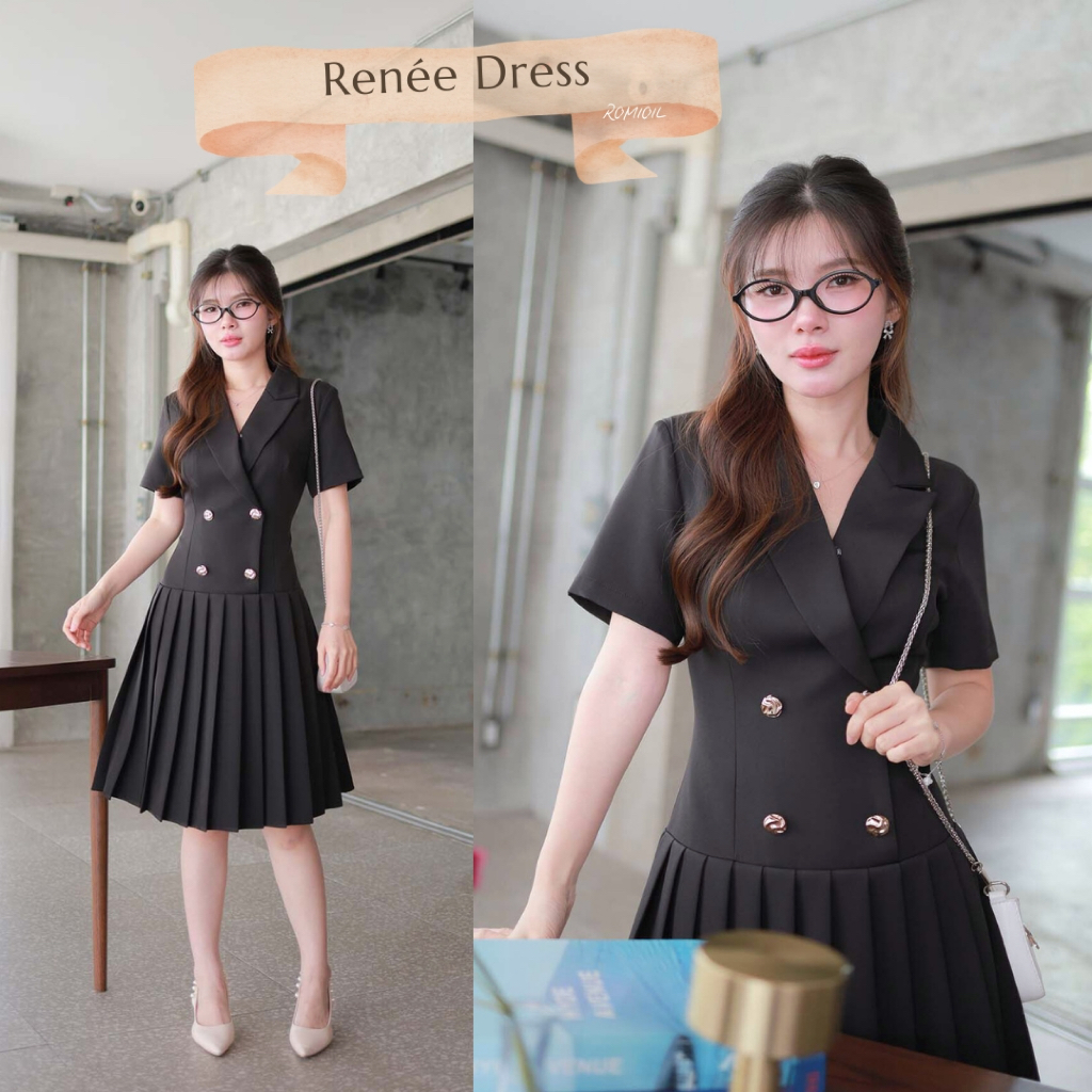 "Romi"Oil" Renee Dress (Black) K332 ชุดเดรสสีดำ (แต่งกระดุมด้านหน้ากระโปรงพลีท)