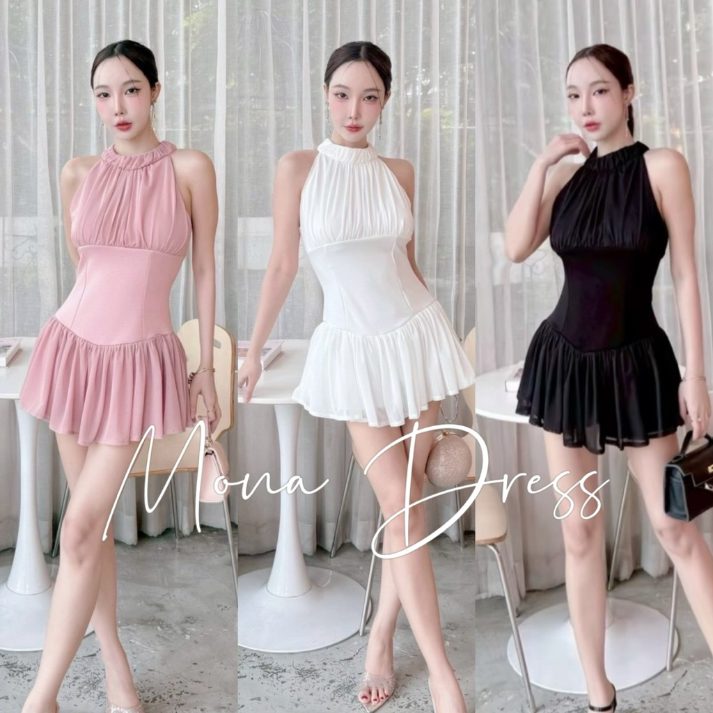 Wendystore182(Mona Dress)เดรสสั้นแขนกุดแต่งผ้าซีทรู