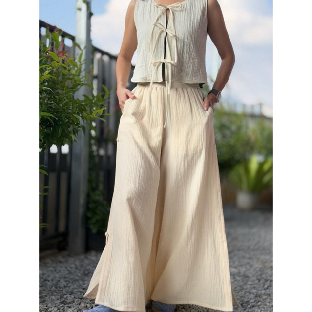 กางเกงผ้าสาลู ผ่าข้าง เอวยางยืด(มีกระดุมติด) Wide Leg Pants | Muslin Maxi Pants | Loose Gauze Trousers Womens Double
