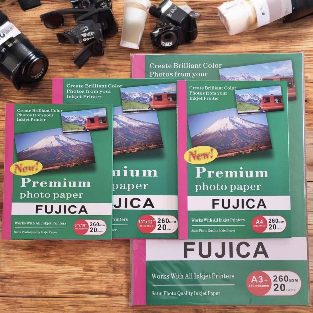 กระดาษโฟโต้inkjet fujica ชนิดแผ่นที่ร้านถ่ายรูปเลือกใช้ ชนิดผิวด้าน หนา260g แพคละ20แผ่นมีให้เลือกหลายขนาด