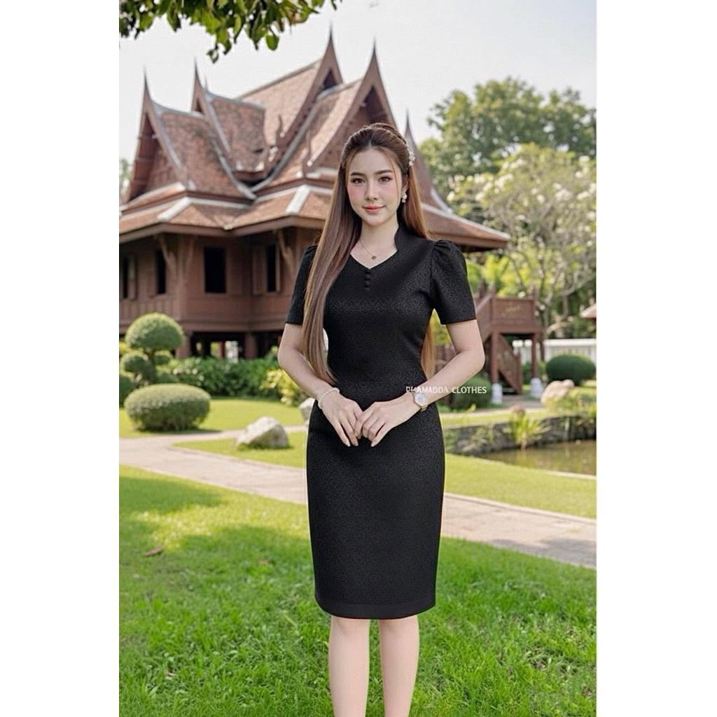 🖤คอปีนสีดำงานสุภาพเรียบร้อย เนื้อผ้าไหมเทียมทอลาย🖤