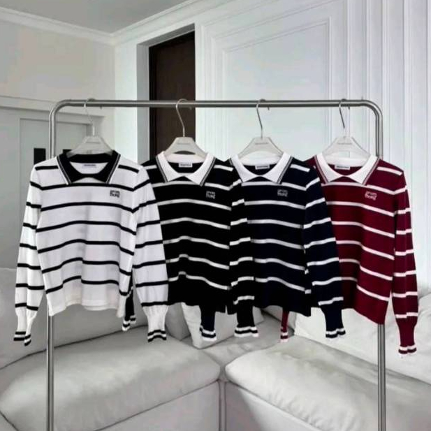 PTPL8986 เสื้อโปโลไหมพรมลายทางปัก PROMTHONG