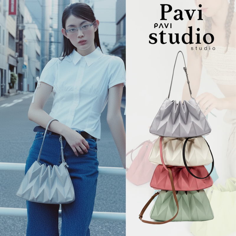 Pavi StudioTrend - W gyoza กระเป๋าผ้าอัดพลีทลาย W ฐานหนังแท้ มี 12 สี Crossbody&Shoulder กระเป๋าสะพา