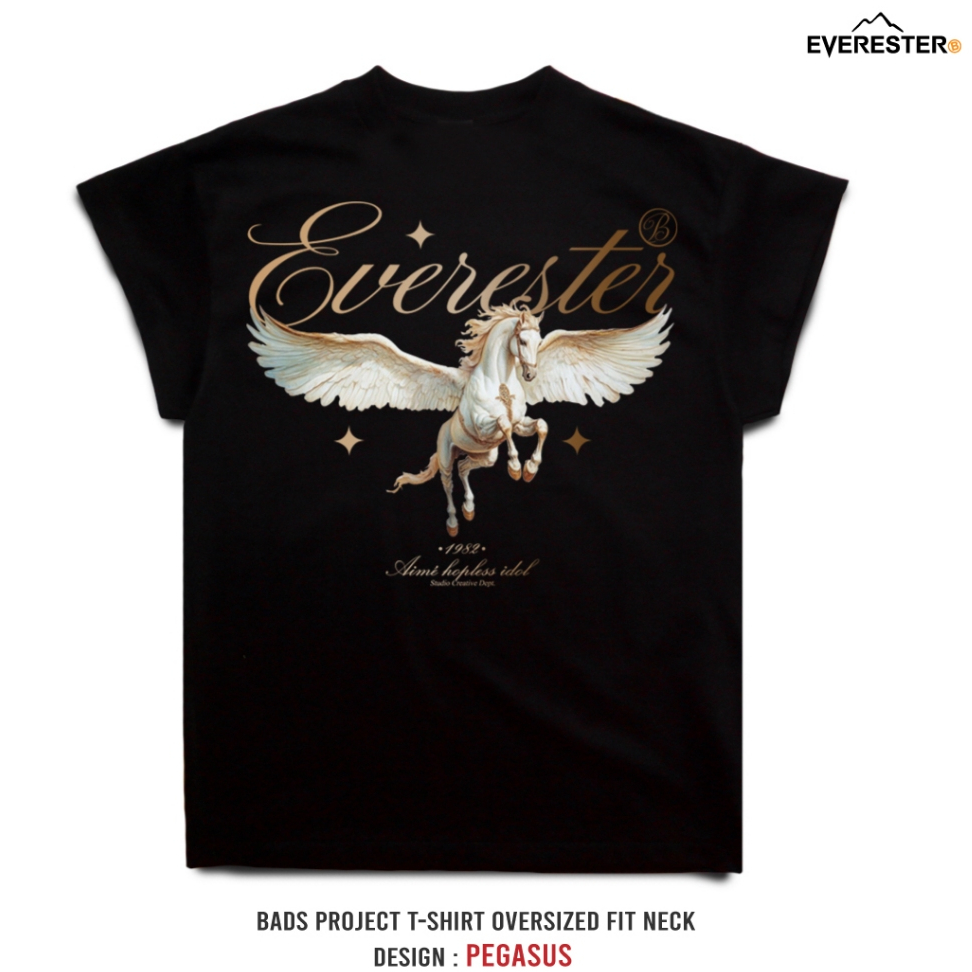 EVERESTER เสื้อยืด คอฟิต - แขนปีกนก Pegasus Heavy Cotton 100% เสื้อผู้ชาย Oversize สีดำ Wing