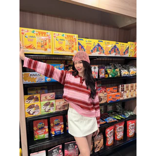 BY IRA Friday Sweater เสื้อโปโลแขนยาวผ้าไหมพรมทอลายทาง กระดุมหน้า ผ้าดีมาก
