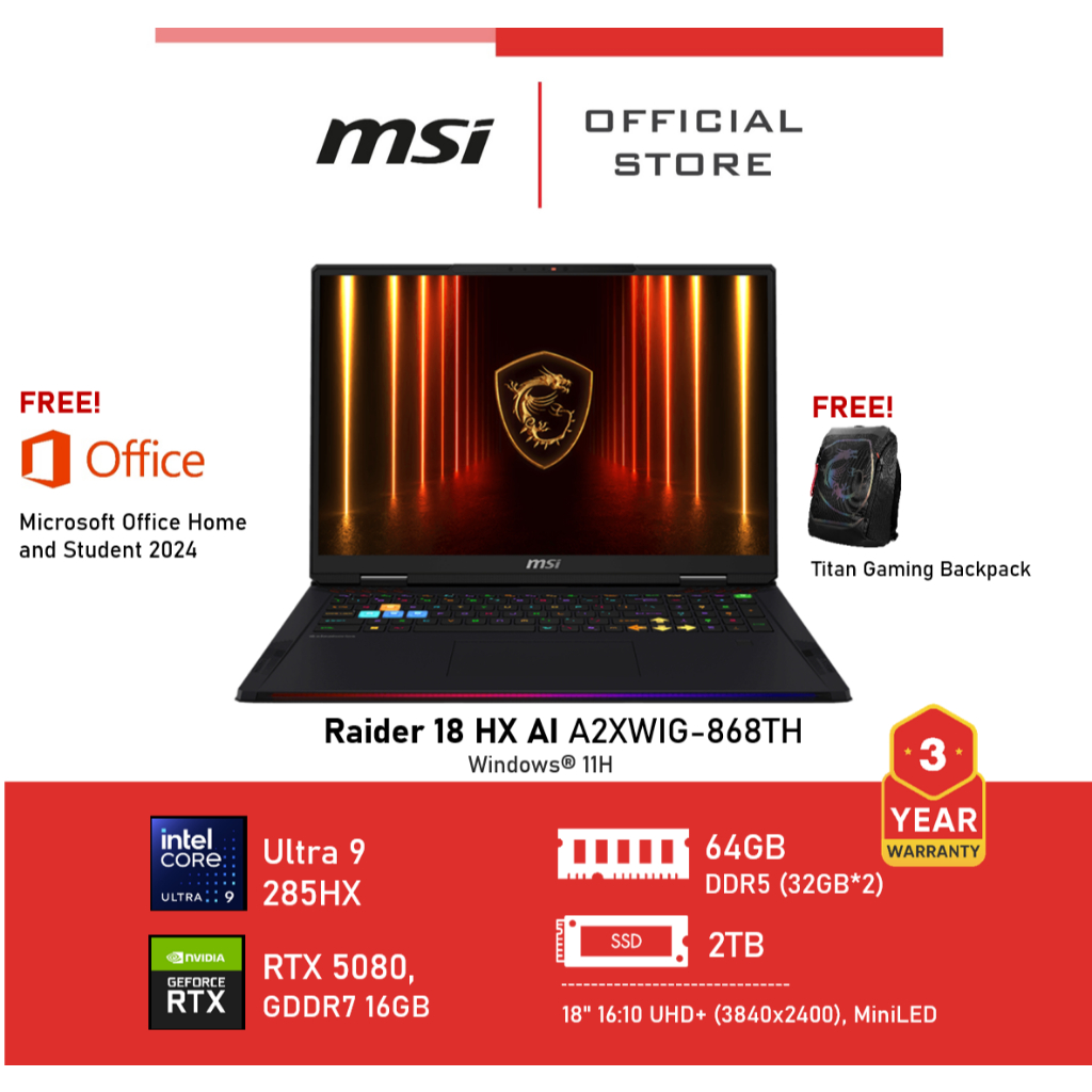 MSI Raider 18 HX AI A2XWIG-868TH (NVIDIA® GeForce RTX™ 5080 Laptop GPU, GDDR7 16GB) Laptop