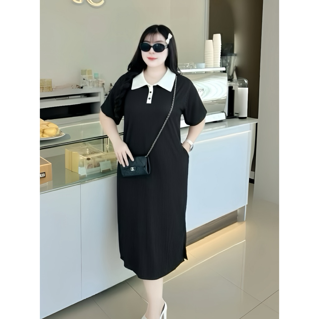 เดรสผ้าท็อฟฟี่สาวอวบ คอปกโปโล ทรงเอใส่สบาย (อก 46-52)