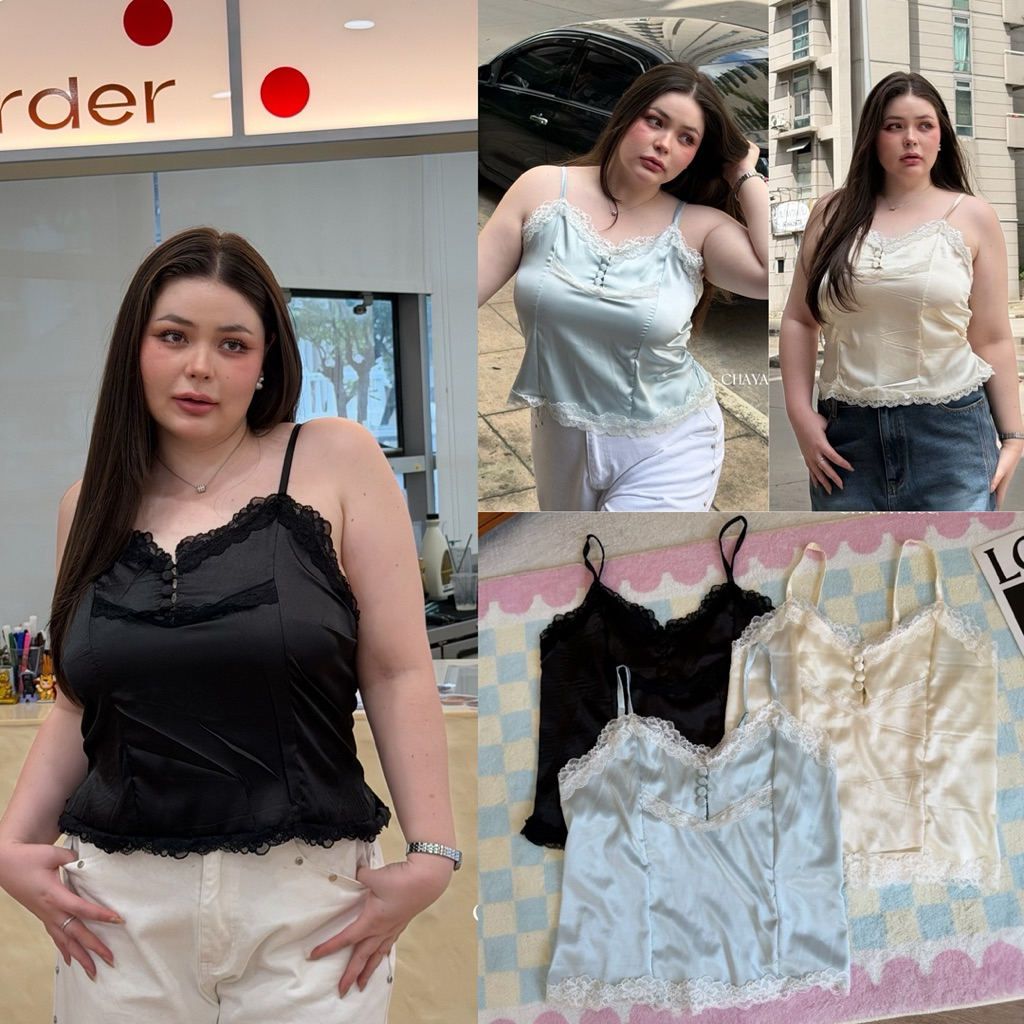 /LD/ เสื้อสายเดี่ยวแต่งลูกไม้ มีไซส์อก38-52 ผ้าซาตินเล่นแสง ติดกระดุมปั๊มช่วงอก ใส่ปิดหรือเปิดเซ็กซี่ๆ #พลัสไซส์