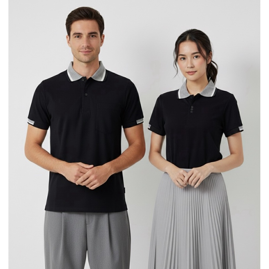 เสื้อโปโล สีดำ ปกแถบขาว เทา แบบชายทรงตรง มีกระเป๋าทีหน้าอก แบบหญิงทรงเข้ารูป ไม่มีกระเป๋า