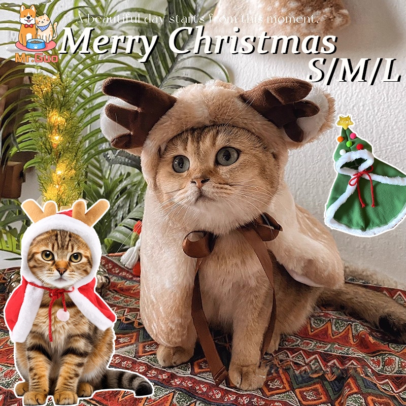 ชุดคริสต์มาสแมว หมวกคริสต์มาสแมว ชุดคริสต์มาสสุนัข เสื้อคลุมสัตว์เลี้ยง มีฮู้ด เสื้อผ้าแมว เสื้อผ้าหมา สําหรับสุนัข แมว
