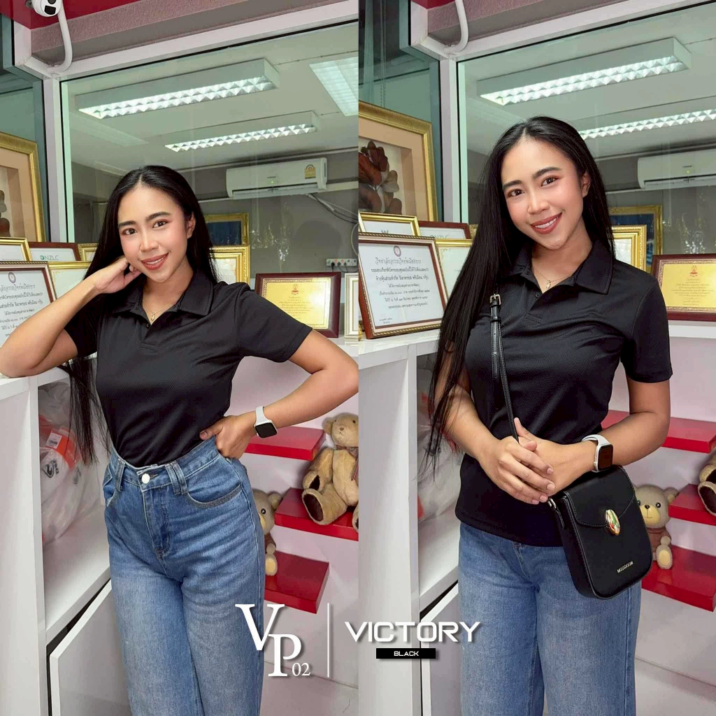 เสื้อโปโลคอปก สีดำผู้หญิง รุ่น VP-02 เนื้อผ้าลูกกอล์ฟ