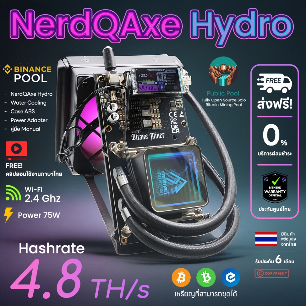 NerdQAxe Hydro แรงขุด 4.8Th/s ระบายความร้อนด้วยน้ำ ขุดโซโล่ BTC, BCH ลุ้น Block Reward ทุกๆ 10 นาที
