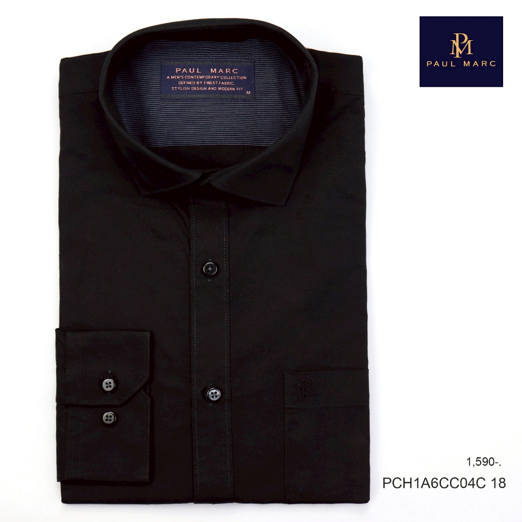 PAUL MARC เสื้อเชิ้ตสีดำ แขนยาว slim fit ปกกาง cut away cotton รีดง่าย ใส่สบาย ไม่ร้อน PCH1A6CC04C