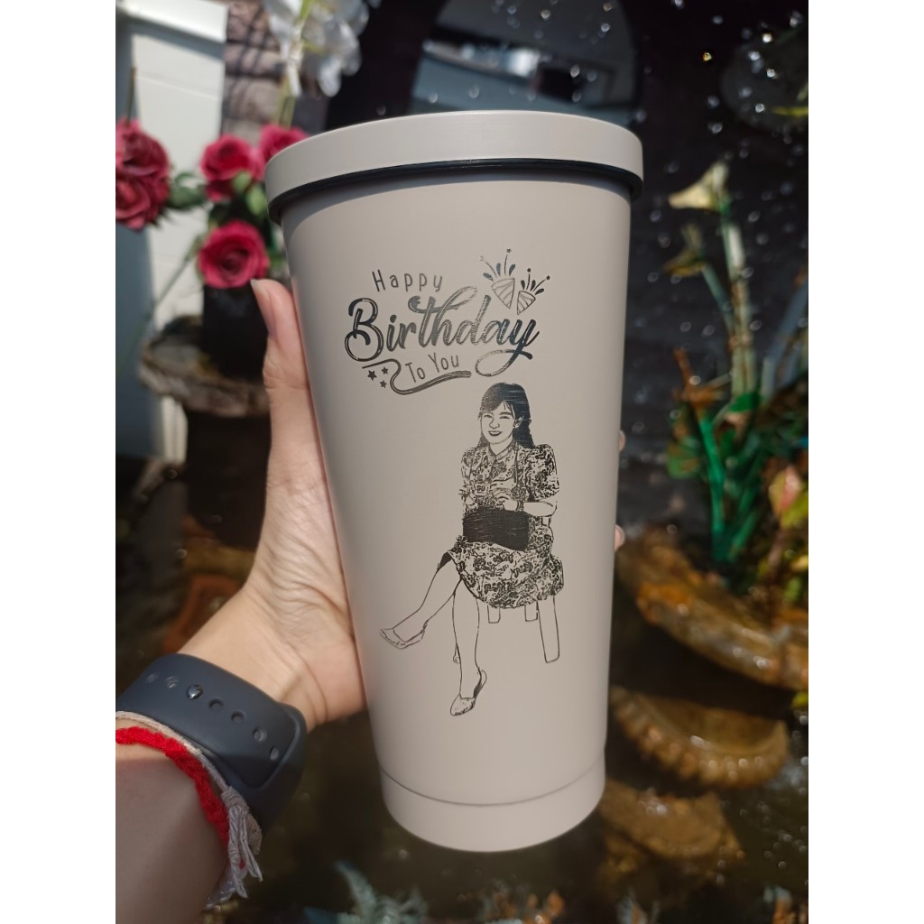 [เลเซอร์1ด้านรูป+ข้อความ ] แก้วเก็บอุณหภูมิ ทรงสตาบัค 600ml สลักลายฟรี ออกแบบเองได้