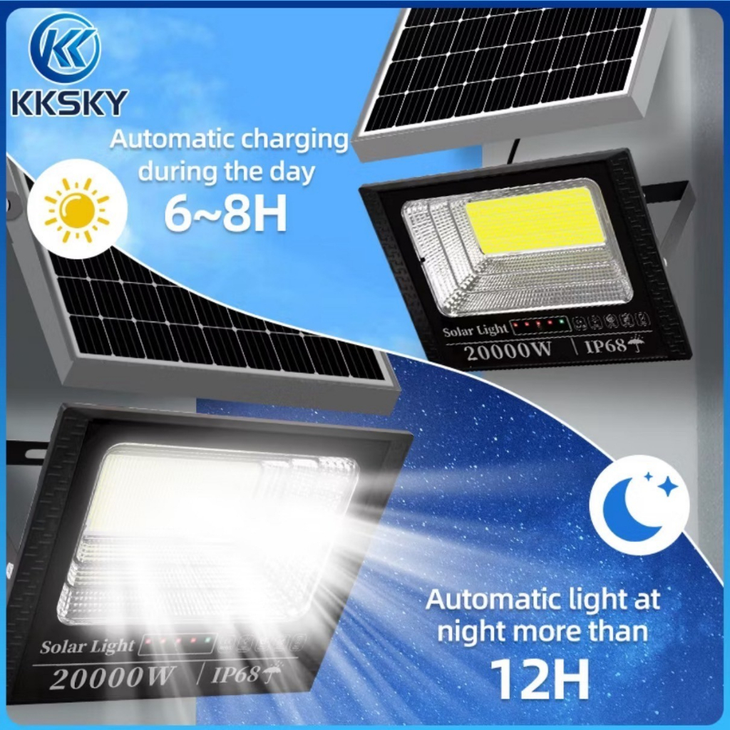 KKSKY ไฟสปอตไลท์ LED โซล่าเซลล์ IP68 20000W กันน้ำ กันฟ้าผ่า สว่างอัตโนมัติ มีรีโมทคอนโทรล