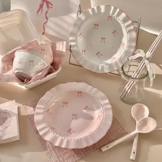 【Direct shipping】Plate Ceramic Tableware Rosy Bow Sweet And Gentle Collection Cute Bow Pattern