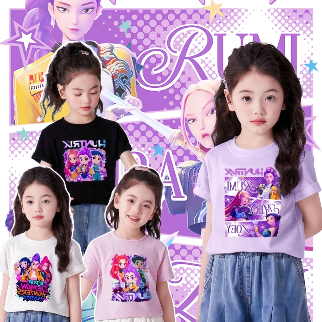 Beryl kids🌸เสื้อยืดแขนสั้นเด็ก🎀เสื้อคอกลมเด็กหญิง Kpop Demon Hunters ลายพิมพ์แฟชั่น ผ้านิ่ม หลายสีให้เลือก สำหรับฤดูร้อน