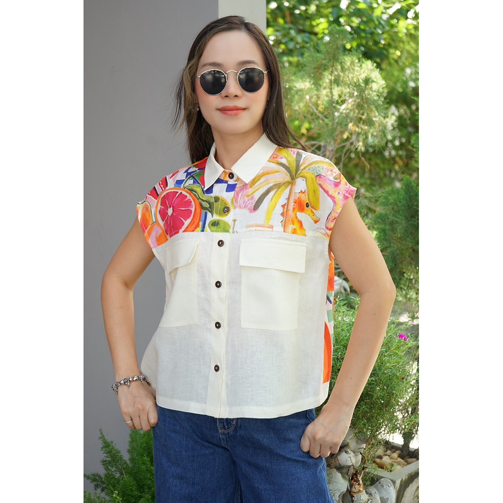 5th Jan เสื้อคอปก แขนล้ำ กระดุมผ่าหน้า กระเป๋าอกคู่ ด้านหน้าต่อสีพื้น-ลาย ด้านหลังลาย ผ้าลินินแท้ 10