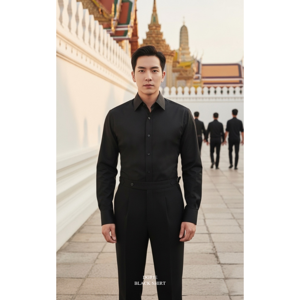 Super Black Cotton Satin MOP Button Spread Collar Shirt - เชิ้ตสีดำปกป้าน