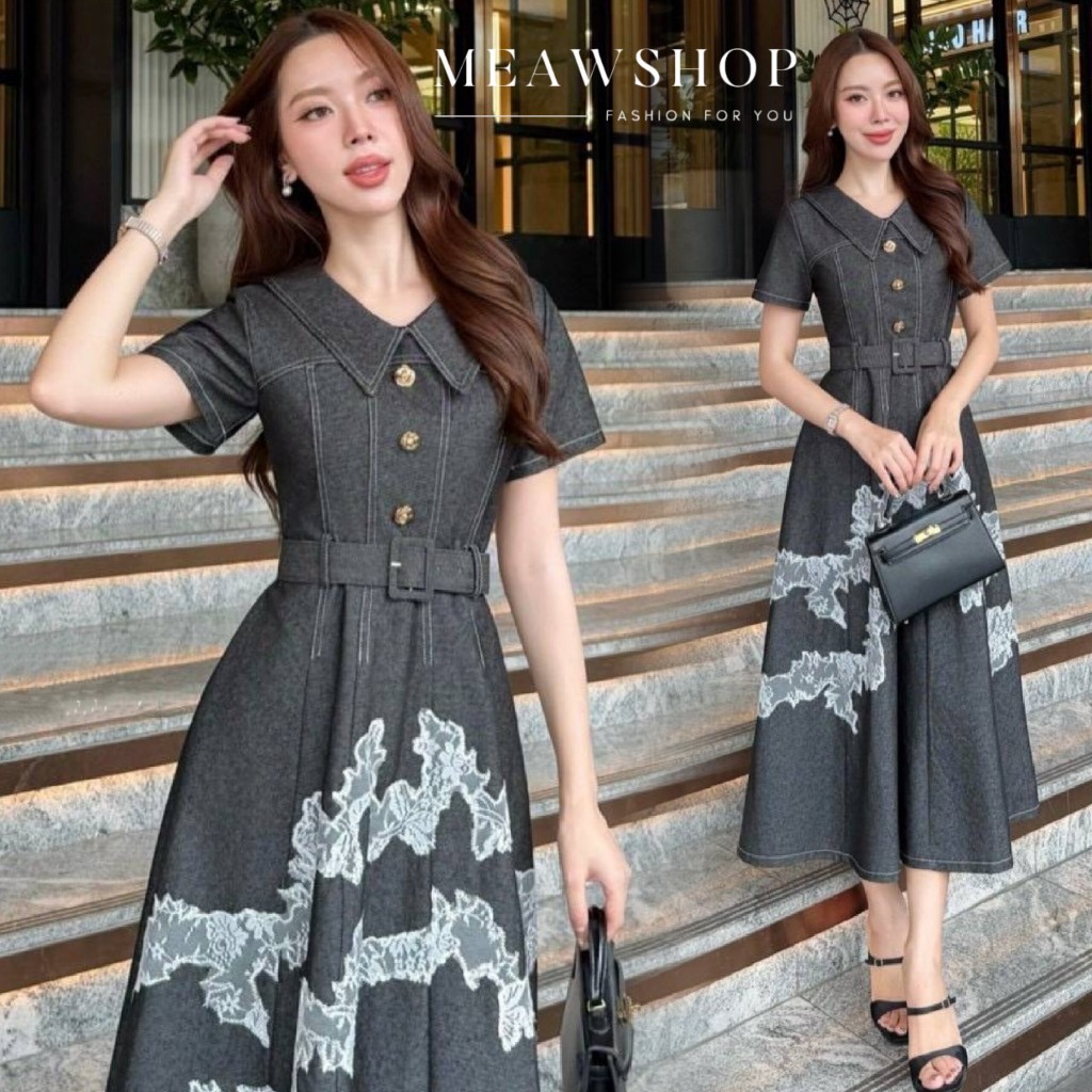 SML เดรสยาวผ้ายีนส์สีดำ คอปก ชุดทำงานผู้หญิง ชุดออกงาน ชุดไปงาน ชุดไปทะเล ไปคาเฟ่ ไปวัด ทำบุญ งานบวช