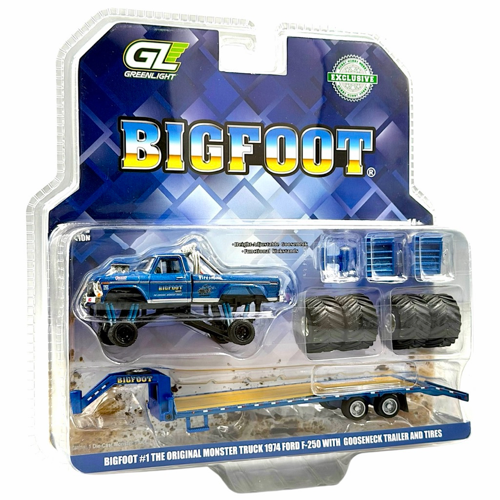 Greenlight | Bigfoot #1 -1974 Ford F-250 Monster Truck on Gooseneck Trailer with Replacement Tires สเกล 1/64 30054