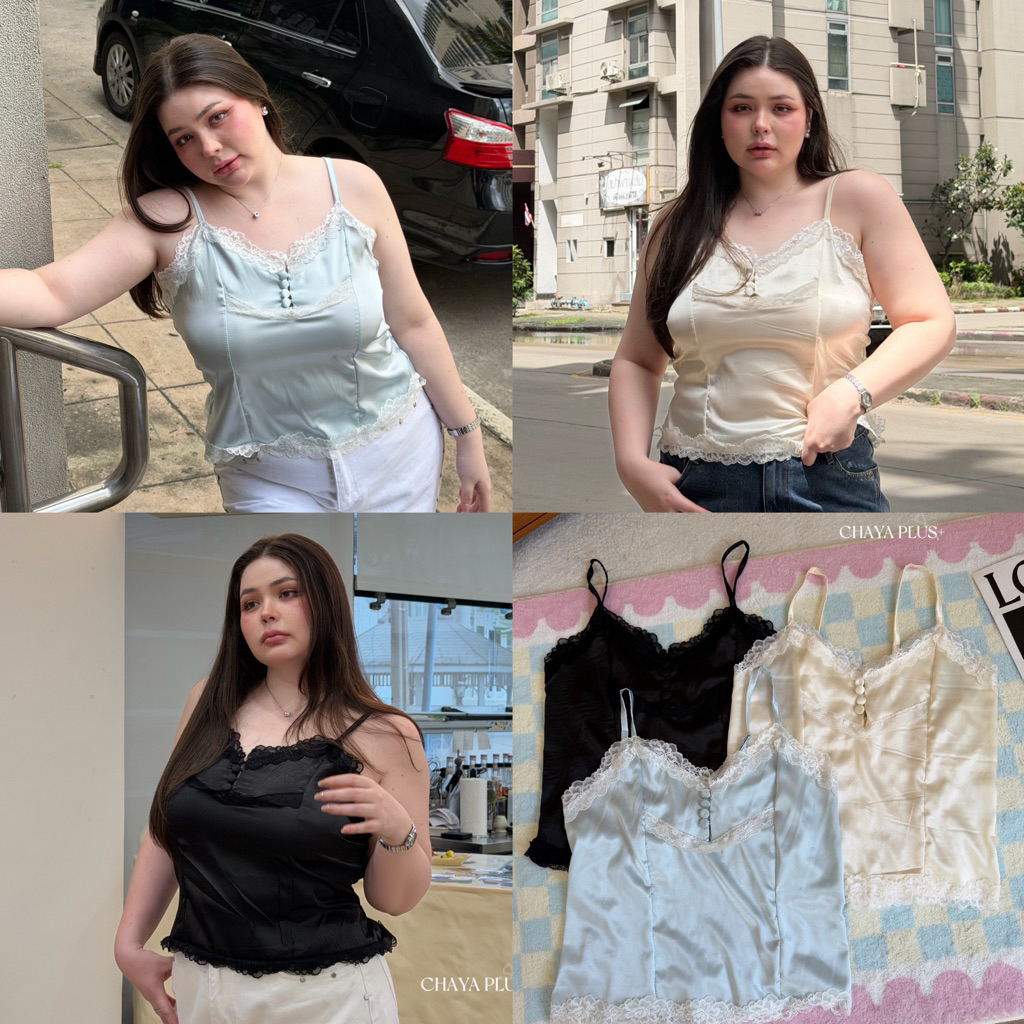 เสื้อสายเดี่ยวผ้าซาตินแต่งลูกไม้ เรียบหรูดูแพง สม็อคหลัง สาวอวบ ไซส์ใหญ่ อก38-52นิ้ว