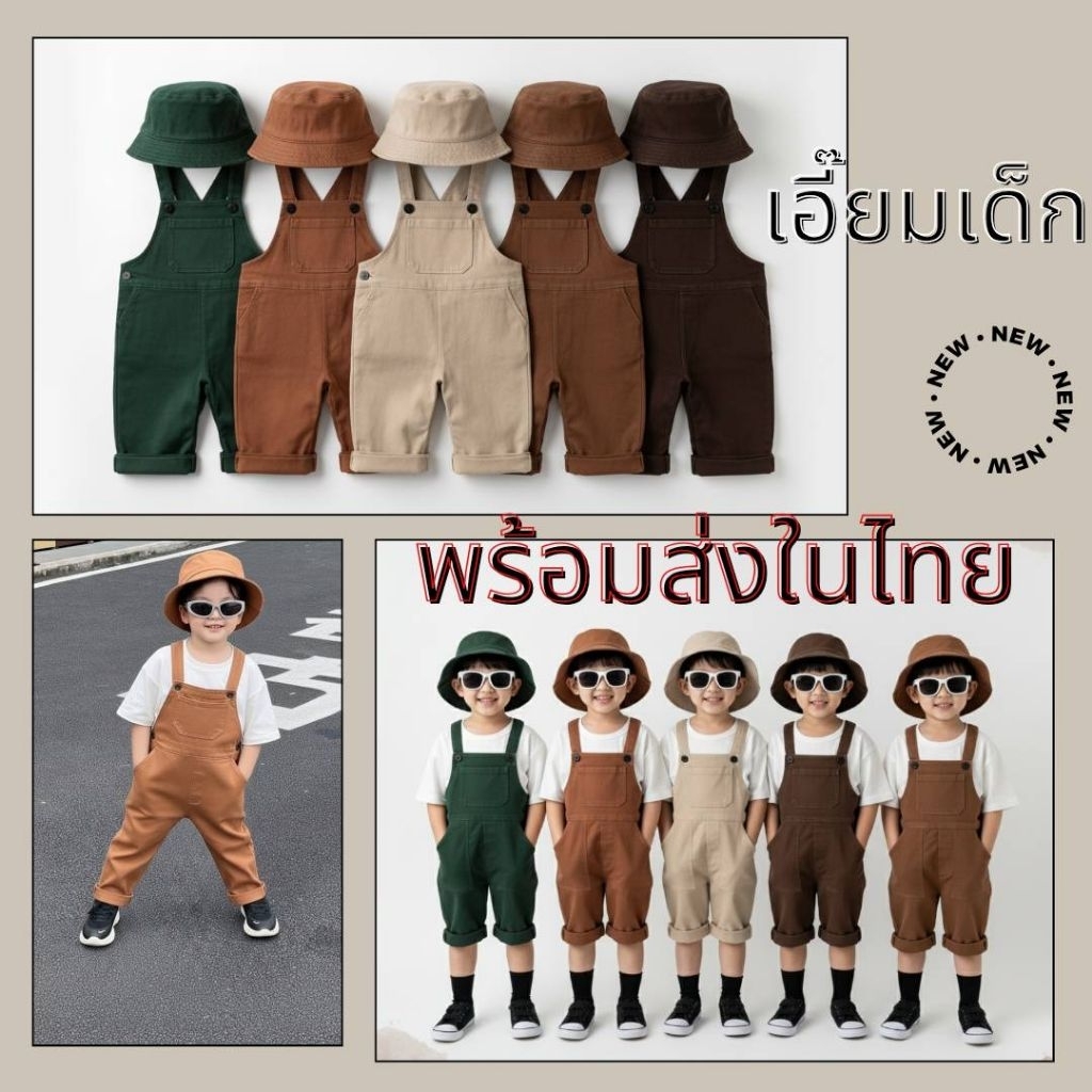 พร้อมส่งในไทย เอี๊ยมเด็กสีพื้น เอี๊ยมเดินป่า ผ้าฝ้ายพร้อมหมวก