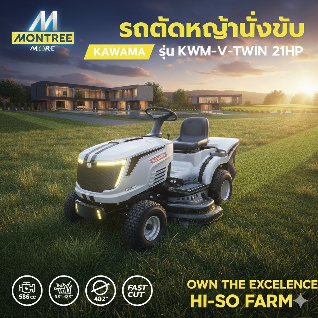 [ศูนย์ไทย] รถตัดหญ้านั่งขับ KAWAMA รุ่น KWM-V-TWIN (CYLINDER) สูบคู่ 4 จังหวะ OHV 21HP มีที่เก็บหญ้า