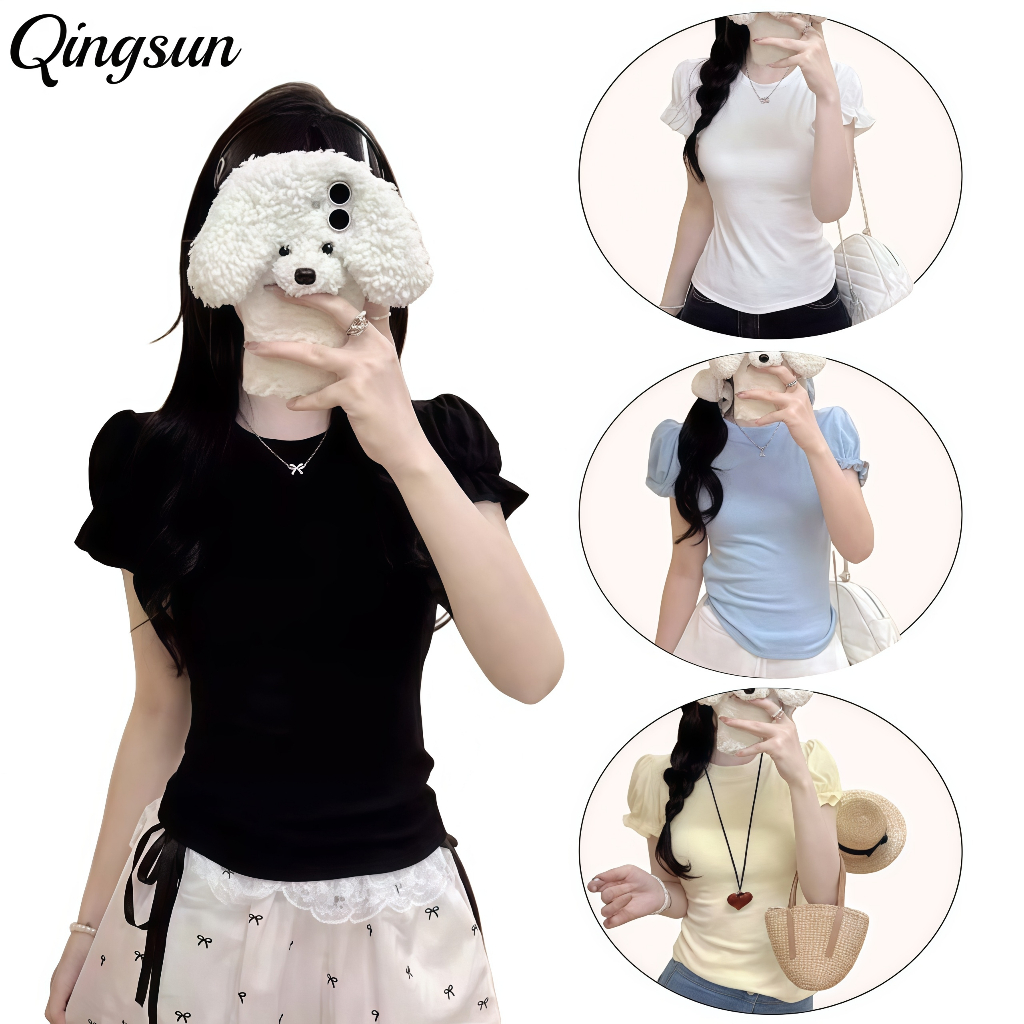 🌻Qingsun ใส่สบาย สไตล์เกาหลี เสื้อคอกลมแขนสั้น น่ารักๆ มีฟองน้ำ สีพาสเทลน่ารักมาก แขนตุ๊กตา "FY5112"