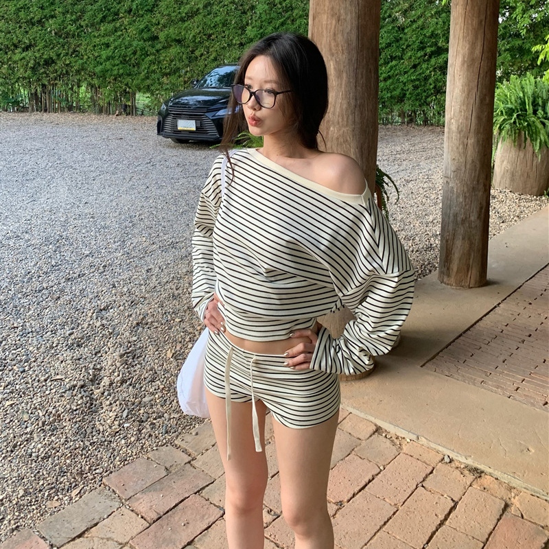 เบาสไตล์ผู้ใหญ่ปิดไหล่ผู้หญิงสูทสายรัดลายหลวมแขนยาวเสื้อยืดกางเกง JD - รูปที่ 6