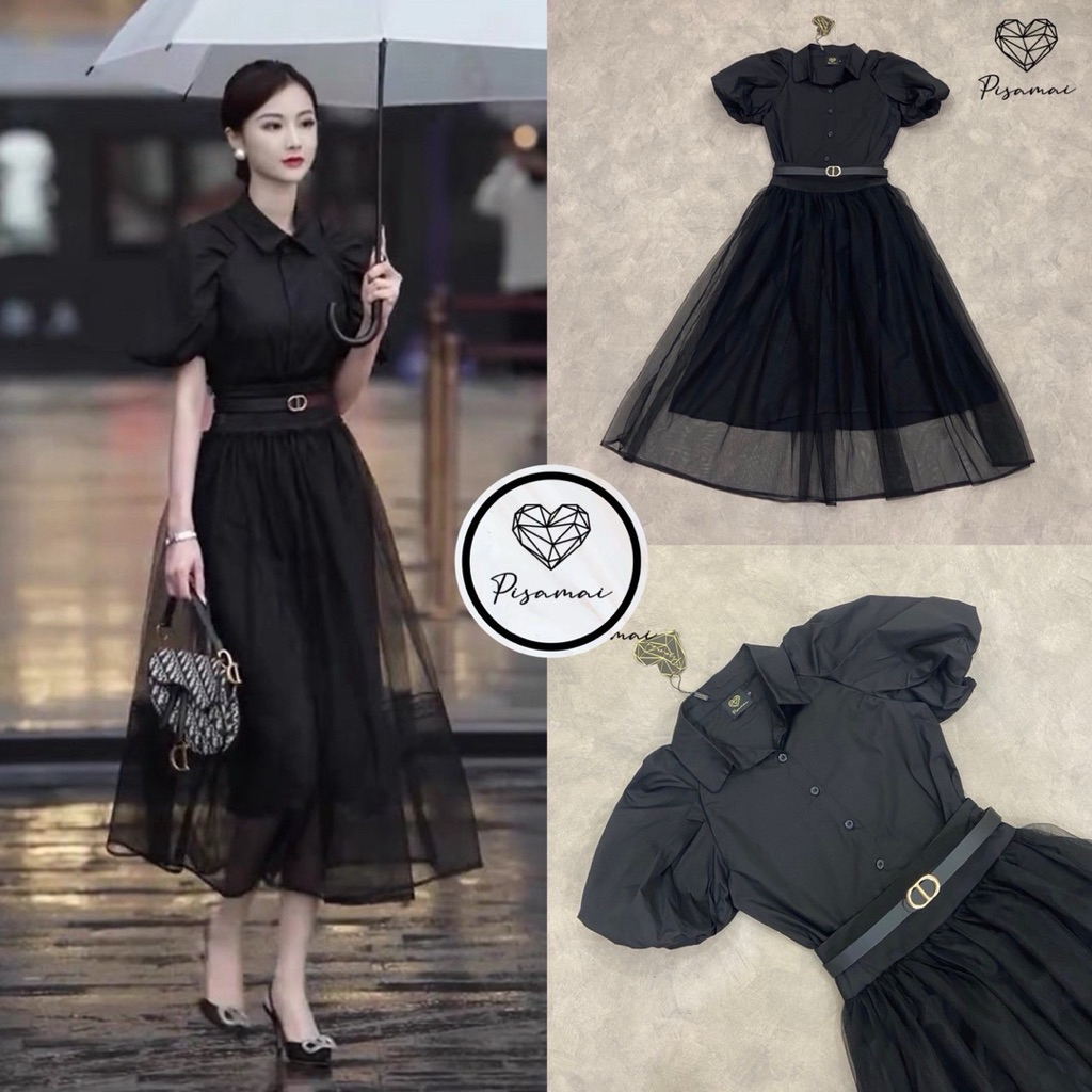[PISAMAI] เซ็ตเสื้อเชิ้ตแขนบอลลูนสีดำพอง มาคู่กับกระโปรงเอวสูงซีทรูตัวยาวบานกับเข็มขัด