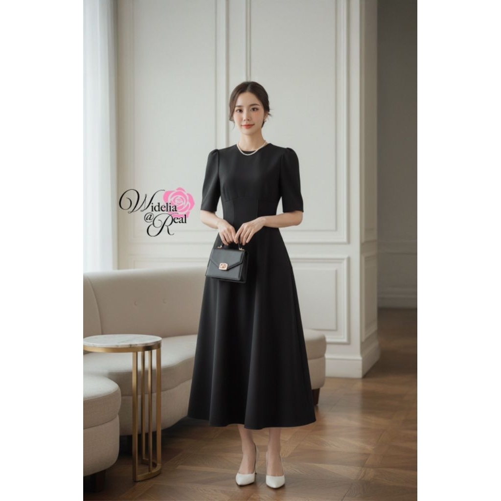 พร้อมส่ง Widelia @ Real S-2xl  เดรสยาวสีดำ กระโปรงบาน แขนสั้น