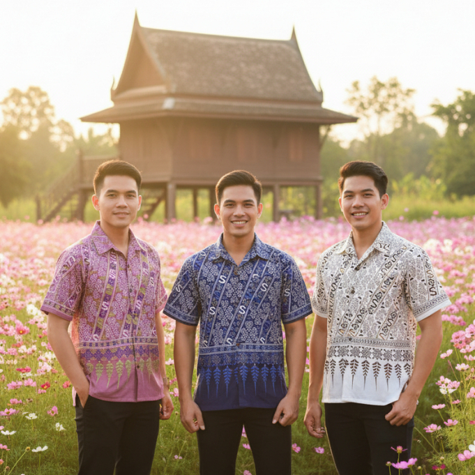 (อก36-60) เสื้อพื้นเมือง คอปกเชิ้ต เสื้อฮาวาย ลายขอ ดอกรักราชกัญญา