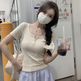 🍒พร้อมส่ง เสื้อครอปเเขนสั้นสีนวลลายดอกไม้ สไตล์เกาหลี🌼ใส่สบาย เสื้อกล้าม🍸#011