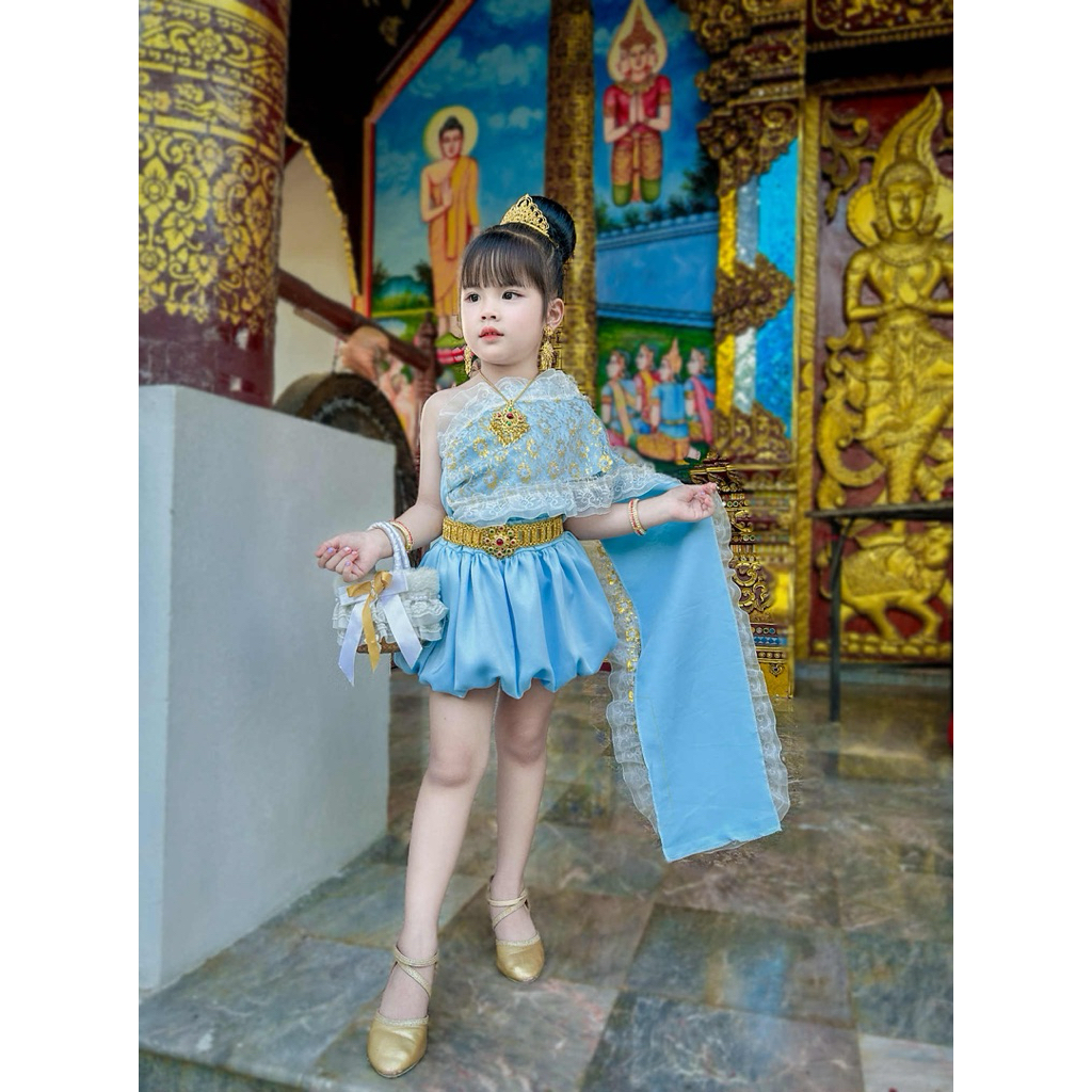 ชุดไทยเด็กผู้หญิง กระโปรงบอลลูนเสื้อเกาะอกแต่งสะใบ