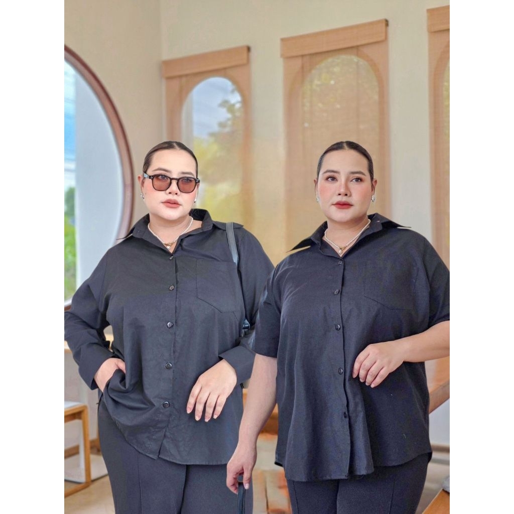 Black Shirt เสื้อเชิ้ตสีดำไซส์ใหญ่ผ้าออกฟอร์ด อก 38-66 นิ้ว