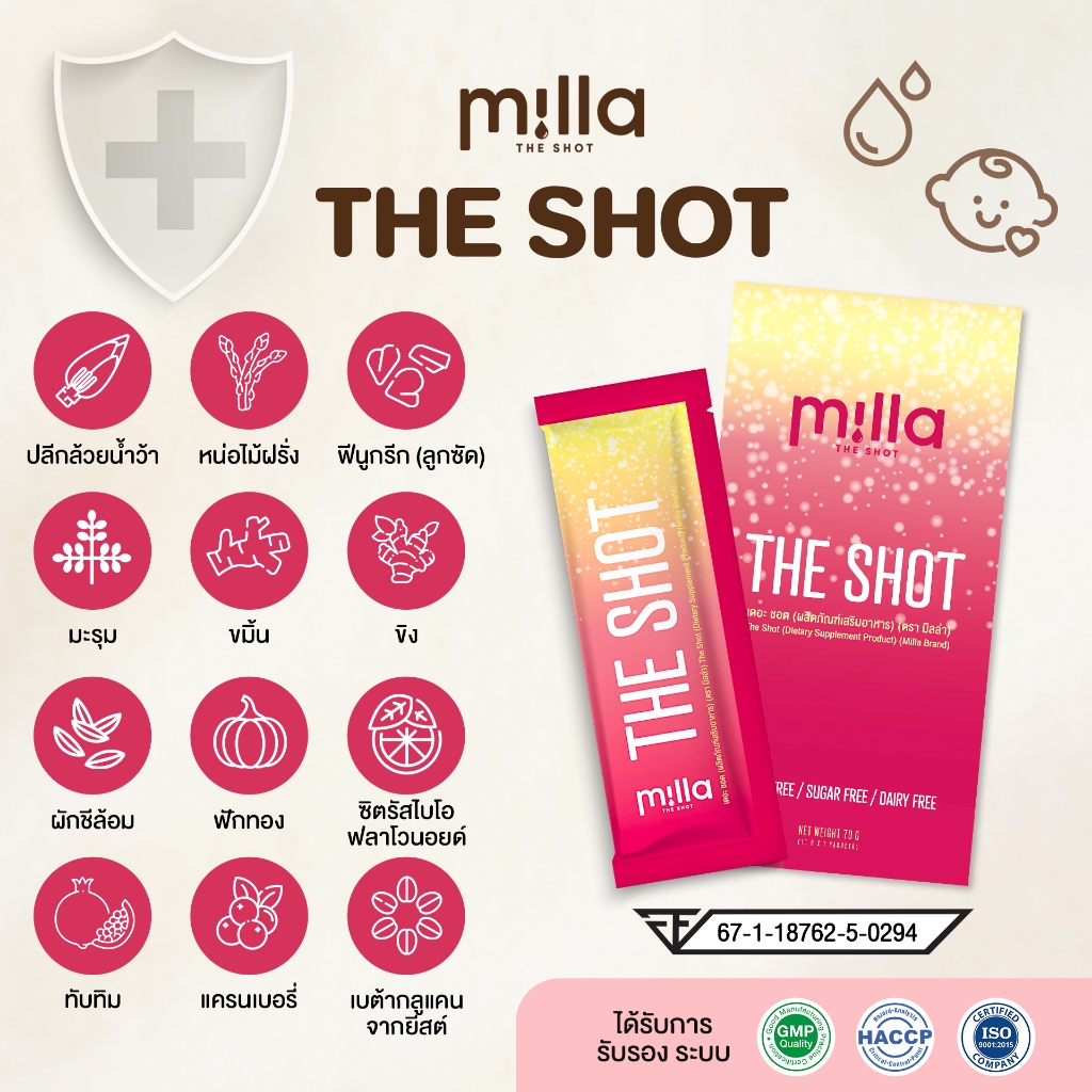 Milla The Shot (มิลล่า เดอะช็อต) 1 กล่อง 7 ซอง อาหารเสริมคุณแม่ให้นม แบบน้ำ 10g ฟื้นฟูแม่ เพิ่มน้ำนม