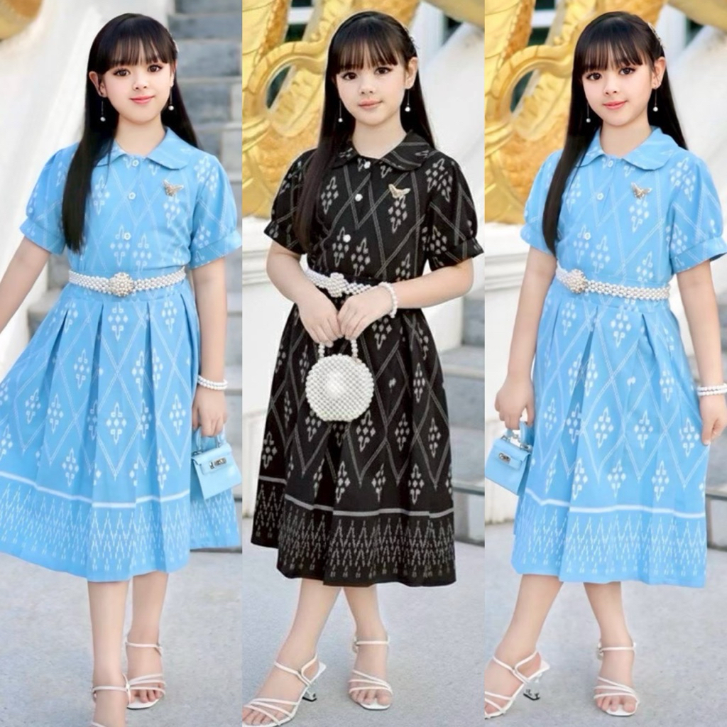 (MM) ชุดไทยเด็ก ชุดไทยสีฟ้า สีดำ เสื้อแขนตุ๊กตา + กระโปรง
