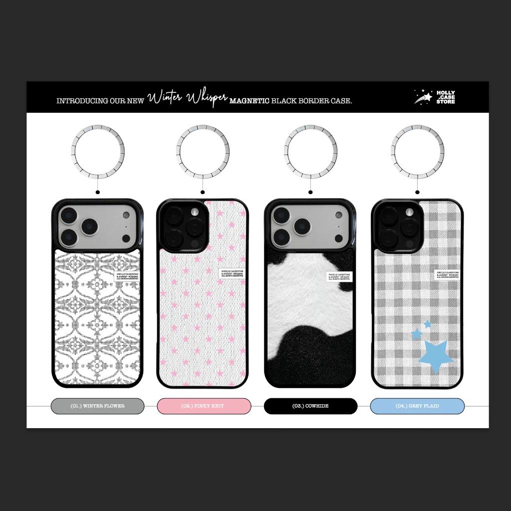 HOLLY.CASESTORE เคสไอโฟน: WINTER WHISPER magnetic (🧲) matte—black border case | เคสขอบดำ *พิมพ์ลาย* ผิวด้าน