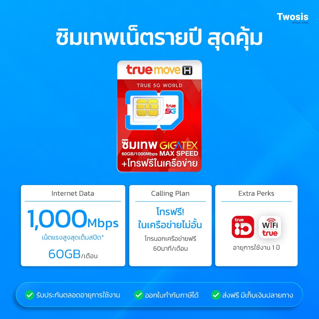 ซิมทรู Fast60gb ซิมเทพ ซิมเน็ตรายปีรับเน็ตเดือนละ 60GB ทุกเดือน ใช้ได้นาน 12 รอบบิล TWOSIS MBK