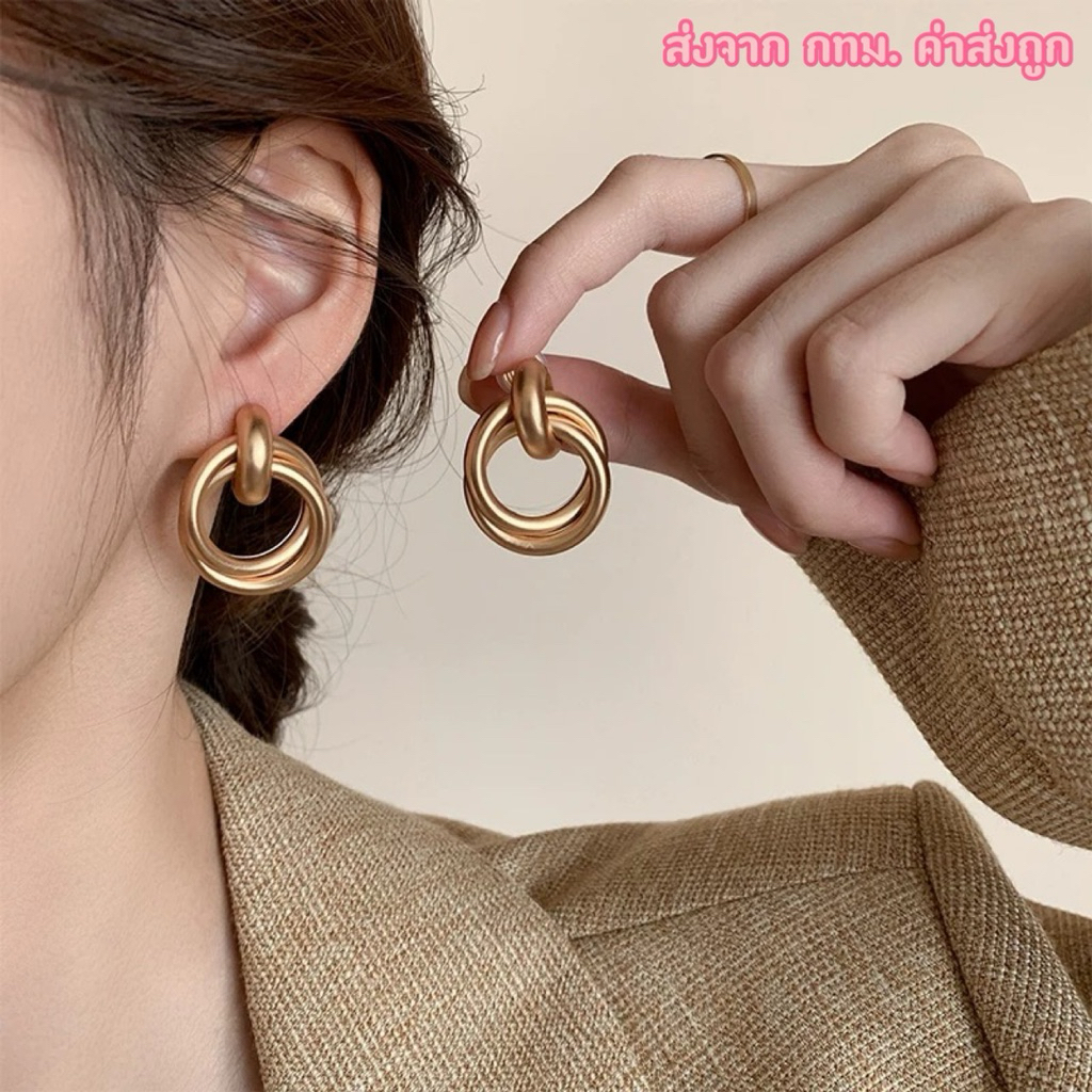ต่างหูทอง แบบสองห่วงคล้องกัน สไตล์วินเทจ Sasa Earrings (รหัสER23)