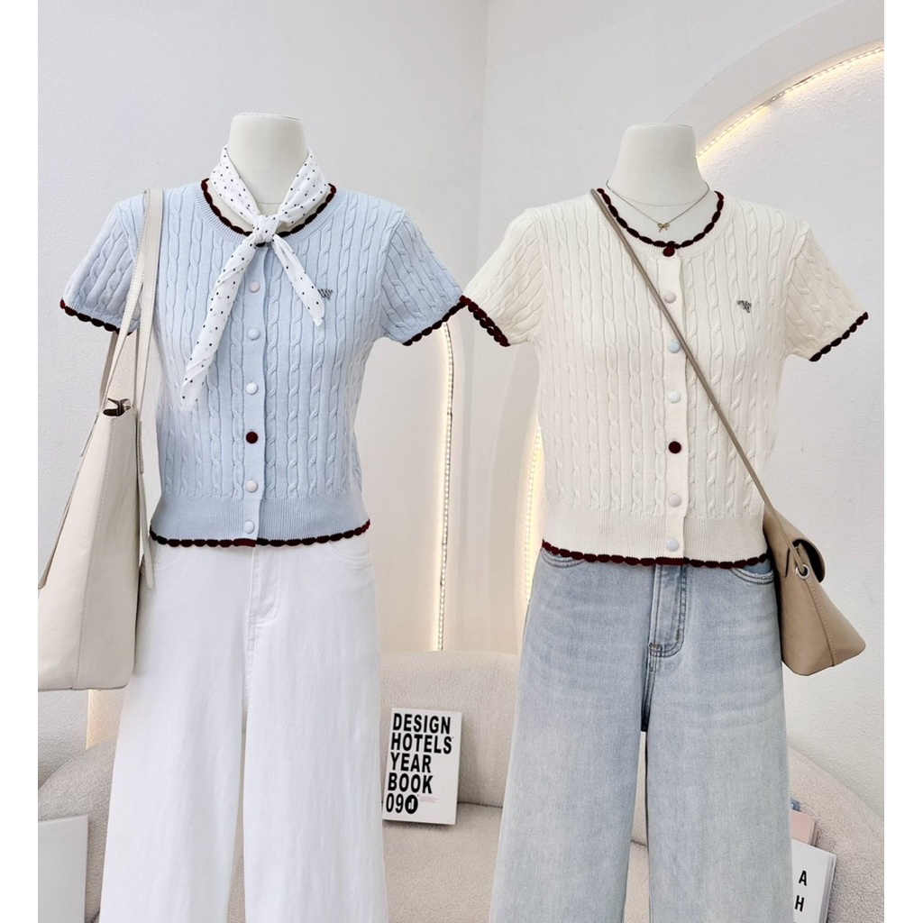 WA YA เสื้อคอกลมผ้าไหมพรมเปีย กระดุมหน้า