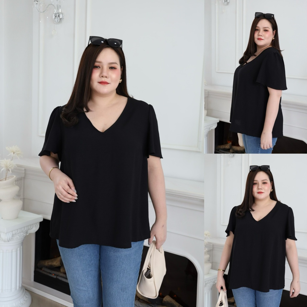 S350-0308 เสื้อคอวีแขนระบาย (สีดำ) อก 48-62" พลัสไซส์ ผ้า Poly เนื้อดี คอวี แขนบานเล็กน้อย เสื้อคอวีสาวอวบ คอวีไซส์ใหญ่