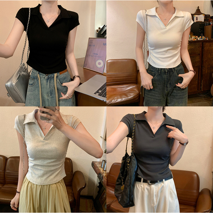 A57 เสื้อยืดแขนสั้น คอโปโล มี4สี ทรงเข้ารูปและคอตั้ง ดีไซน์จีบด้านข้าง สำหรับผู้หญิง