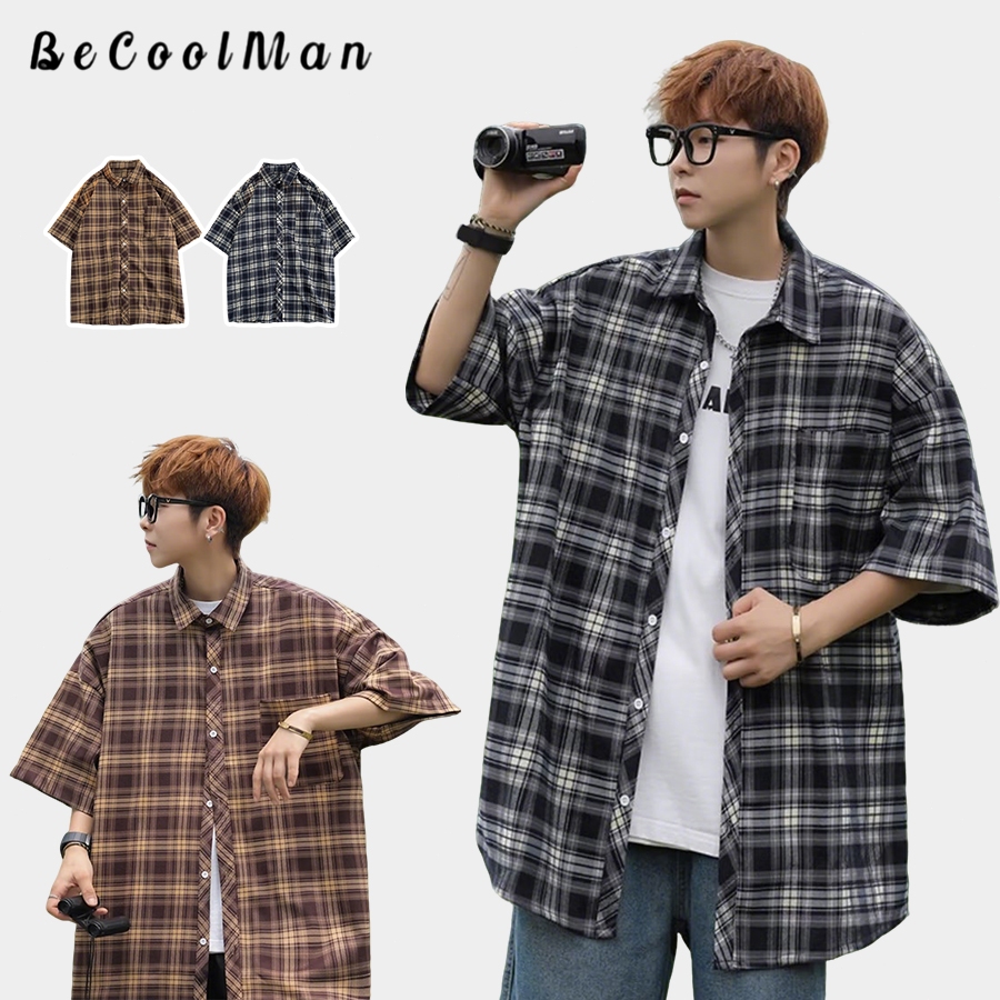 💥BecoolMan💥สไตล์อเมริกันวินเทจ เสื้อเชิ้ตแขนสั้น การออกแบบตาราง 2025ฤดูร้อนรุ่นใหม่ แฟชั่น