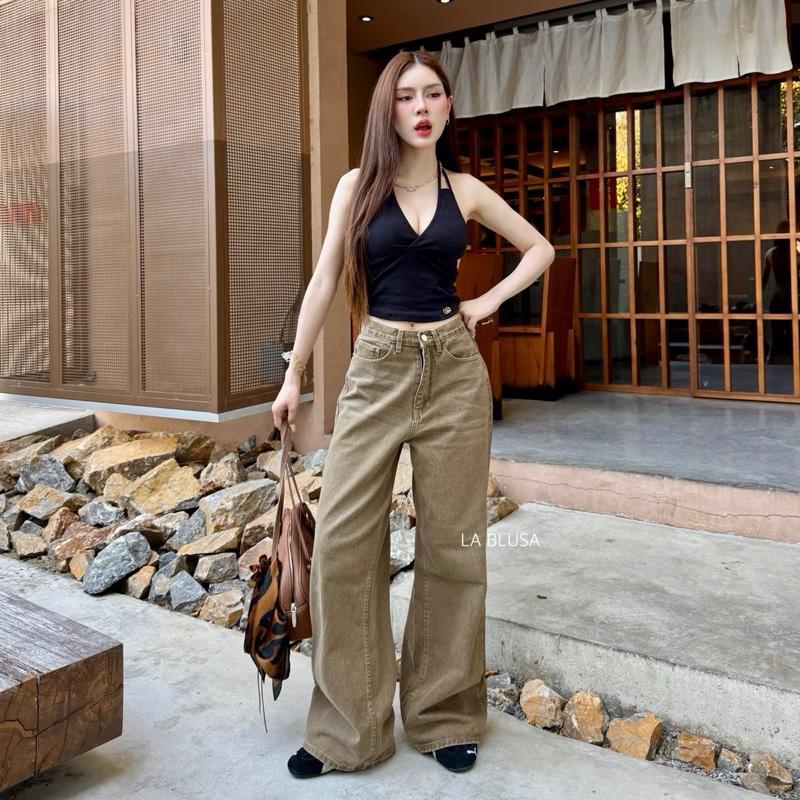 "รหัสC84"กางเกงยีนส์ขายาวทรงกระบอกใหญ่สีน้ำตาล เอวสูง ผ้าไม่ยืด