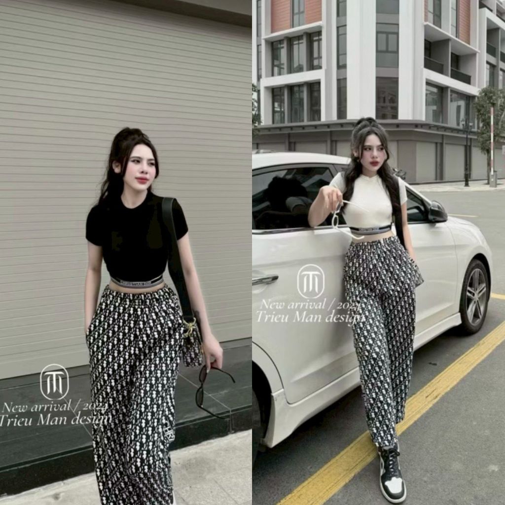 เซ็ตดีออรสาวอวบ เสื้อครอป+กางเกงขายาว อก36-44 เอว32-38 สพ48