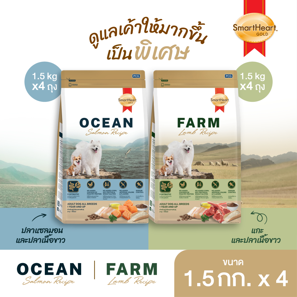 (แพ็ค4) สมาร์ทฮาร์ท โกลด์ อาหารสุนัขโต ฟาร์ม-แลมบ์ เรซิพี (แกะและปลาเนื้อขาว)/โอเชียน-แซลมอน เรซิพี 1.5 กก.